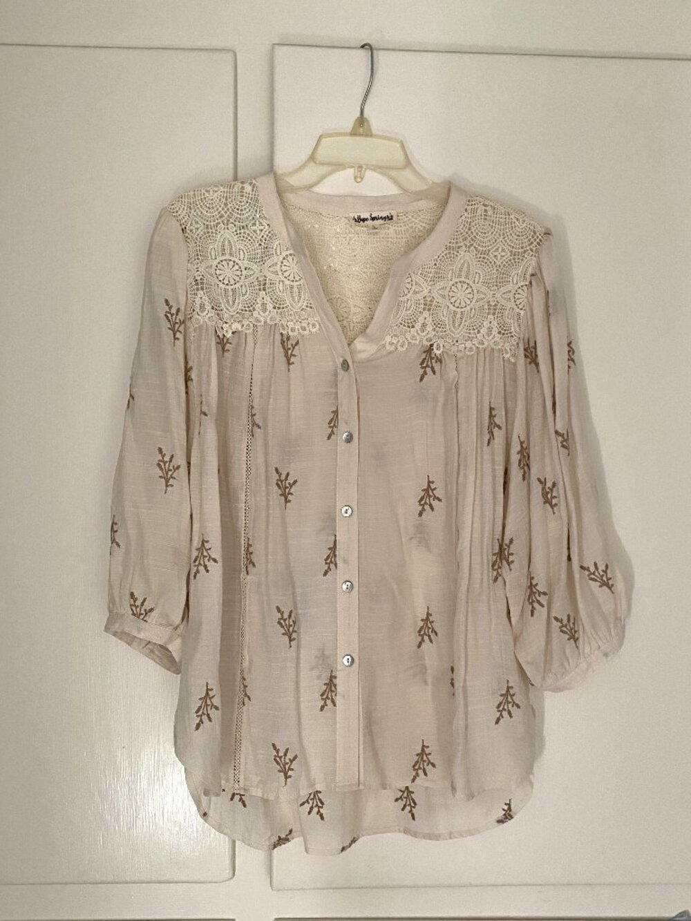 Hope Springs Creme Boho Button Down Blouse with Crochet Lace Shoulders Size L